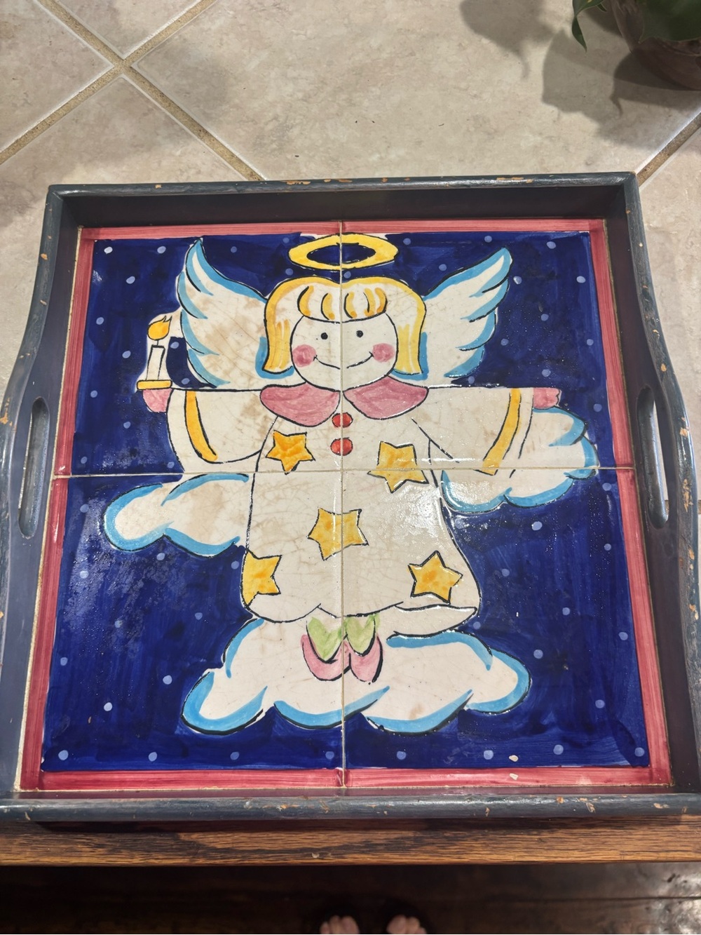 Vintage Distressed Hand-Painted Angel Tile Serving Tray